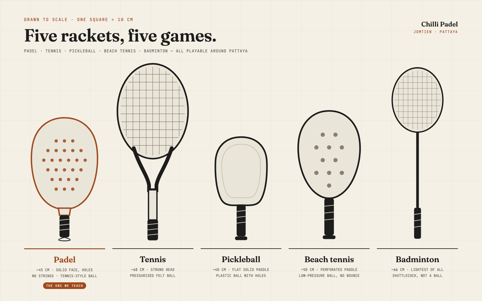 Comparison of five rackets: padel racket, tennis racket, pickleball paddle, beach tennis paddle and badminton racket, drawn to scale
